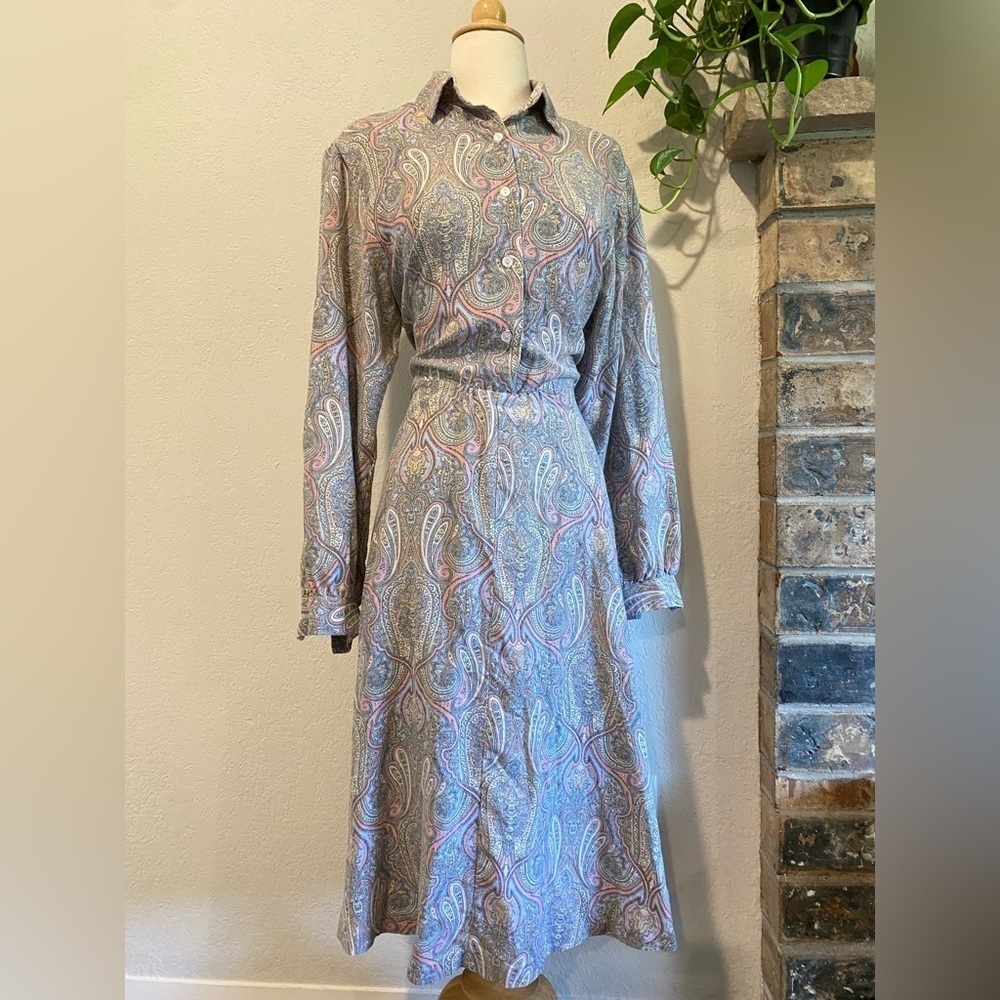 Vintage 70s - 80s Bedford Fair paisley button front dress - collared long sleeve